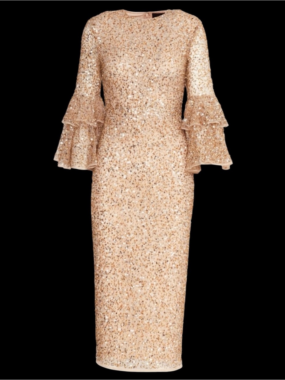 Mac Duggal Ruffled Tiered 3/4 Sleeve Midi Cocktail Dress Nude Sequins NWT